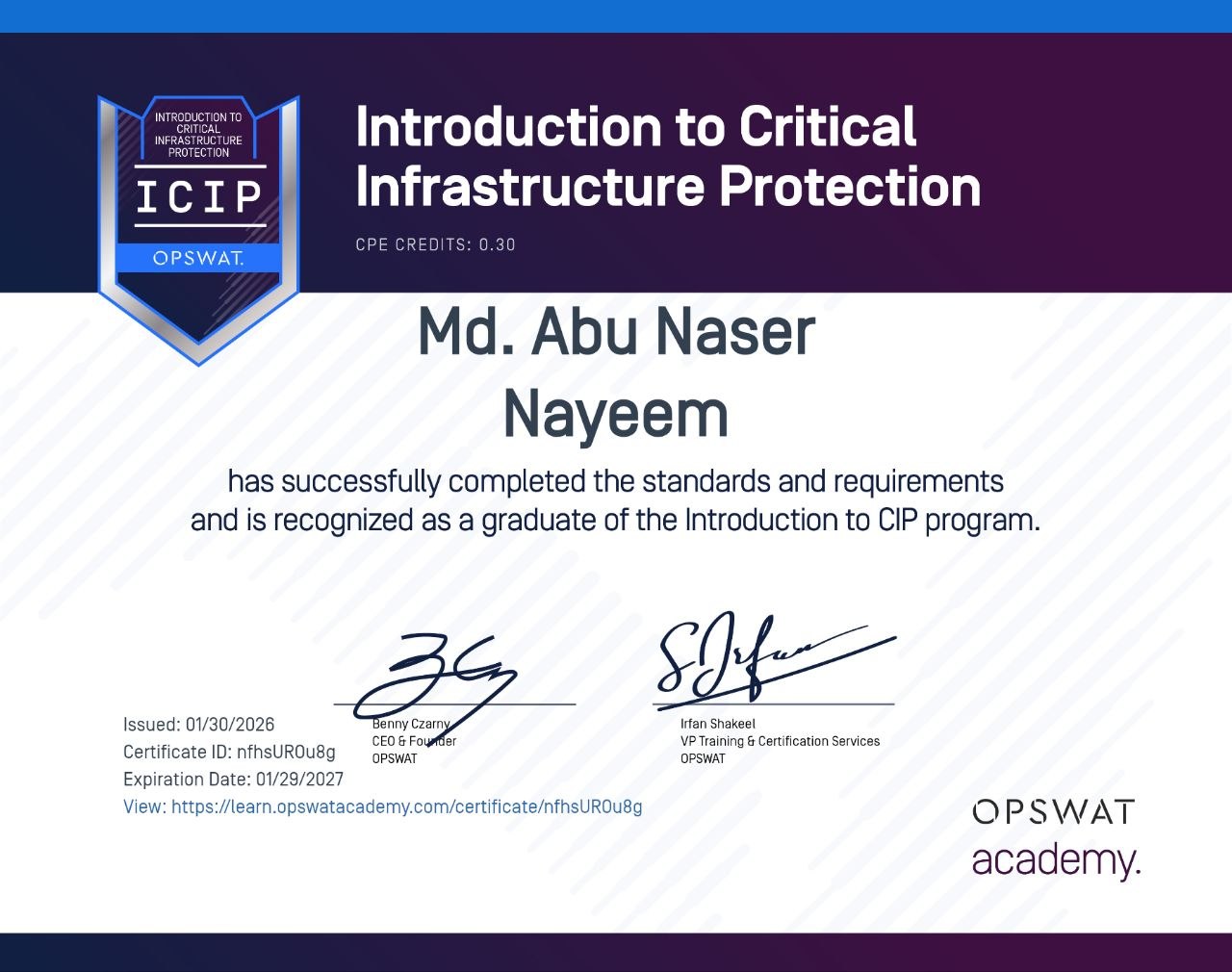 Critical Infrastructure Protection certificate
